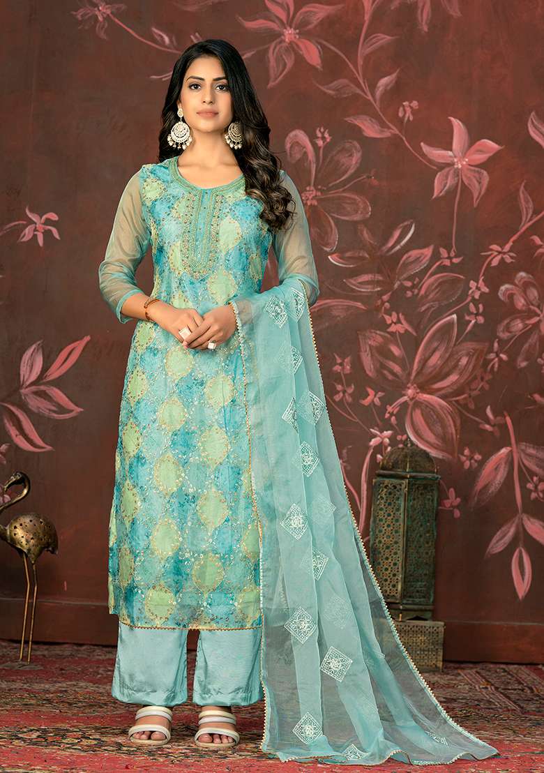 Blue Embroidered Organza Kurta Set - Indya