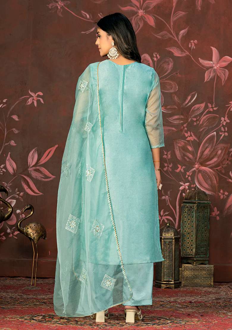 Blue Embroidered Organza Kurta Set - Indya