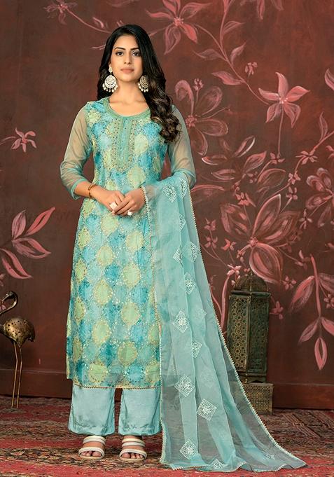 Blue Embroidered Organza Kurta Set