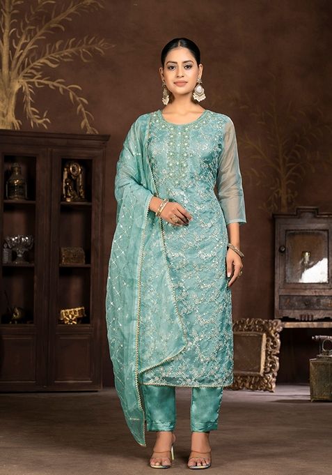 Blue Embroidered Organza Kurta Set