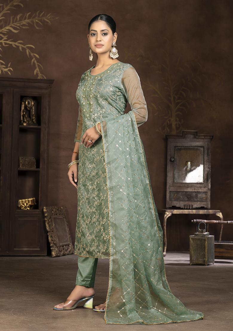 Green Embroidered Organza Kurta Set
