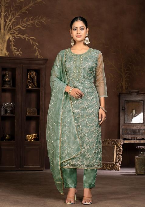 Green Embroidered Organza Kurta Set