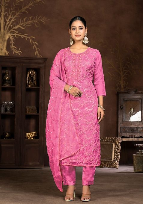 Pink Embroidered Organza Kurta Set