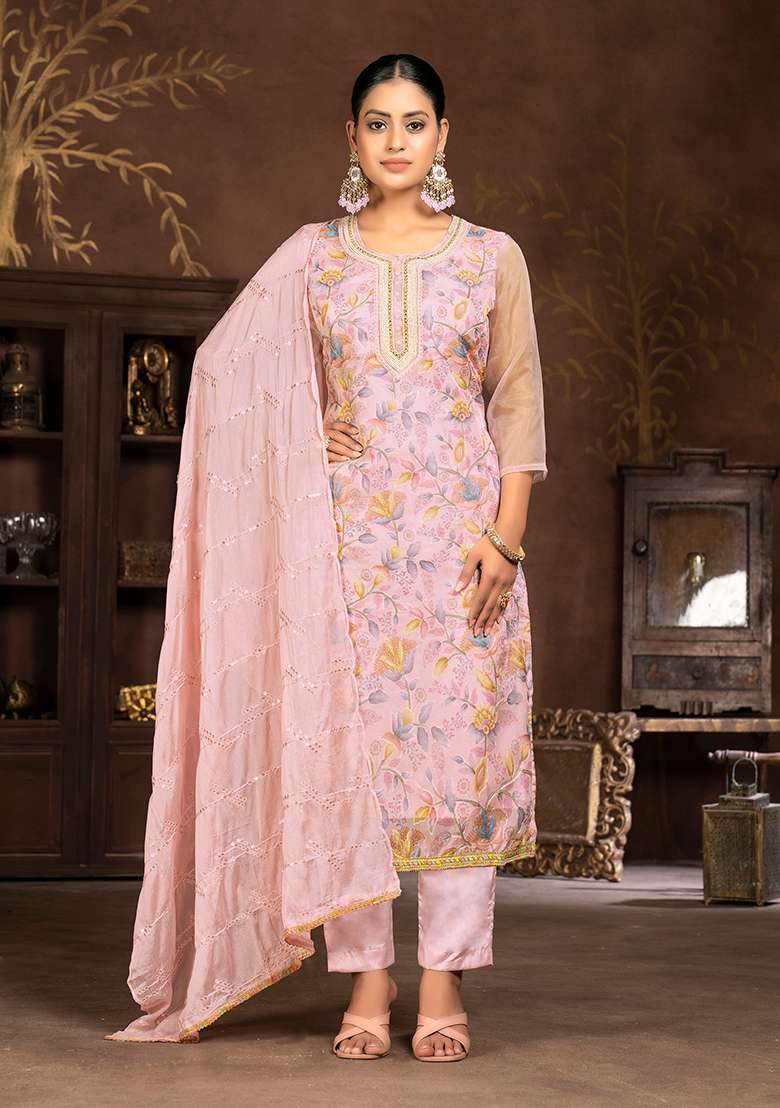Pink Embroidered Organza Kurta Set - Indya