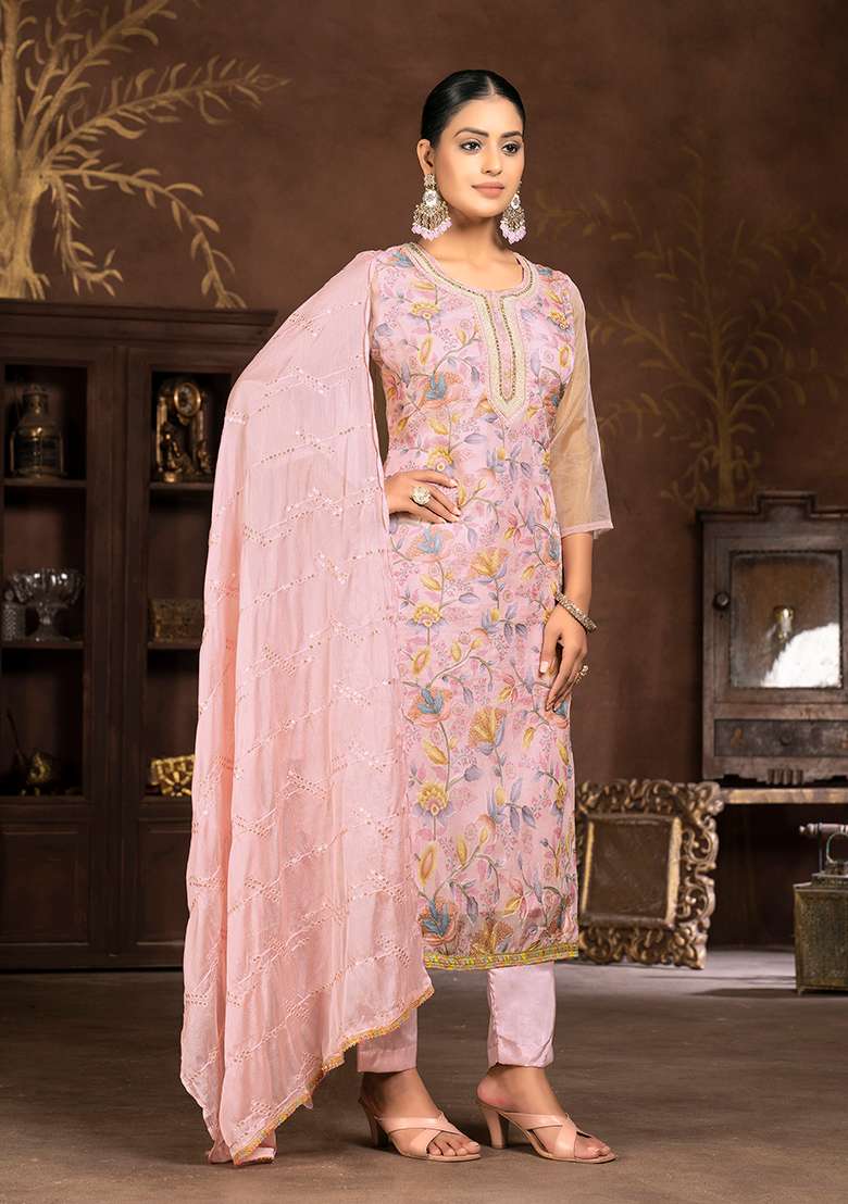 Pink Embroidered Organza Kurta Set - Indya