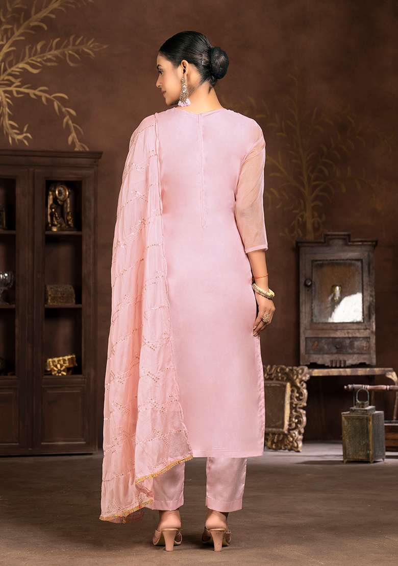 Pink Embroidered Organza Kurta Set - Indya