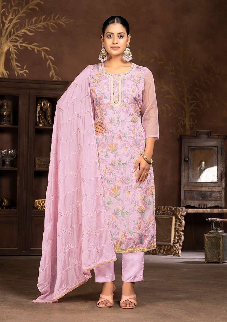 Peach Embroidered Organza Kurta Set - Indya