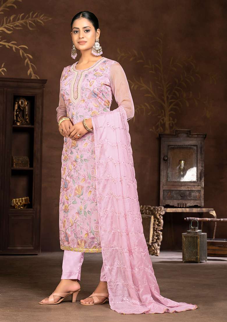 Peach Embroidered Organza Kurta Set - Indya