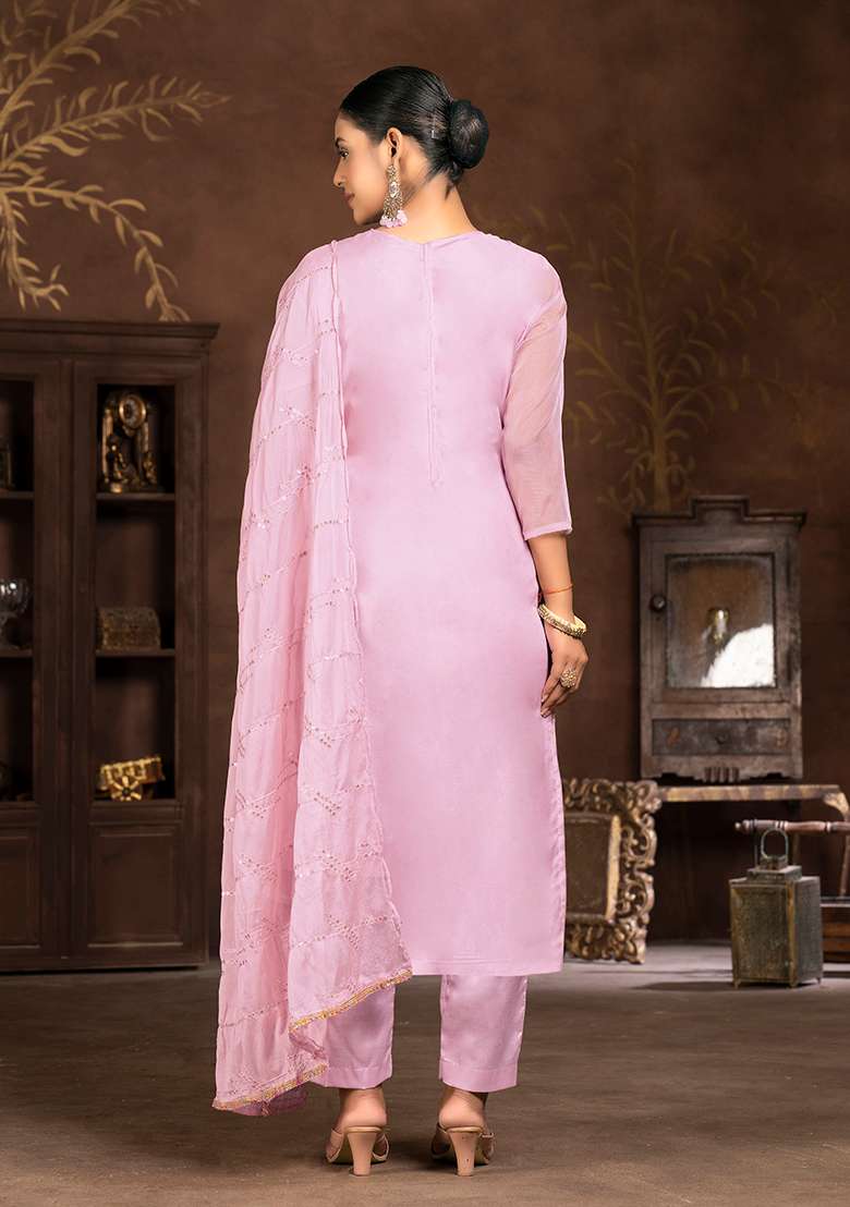 Peach Embroidered Organza Kurta Set - Indya