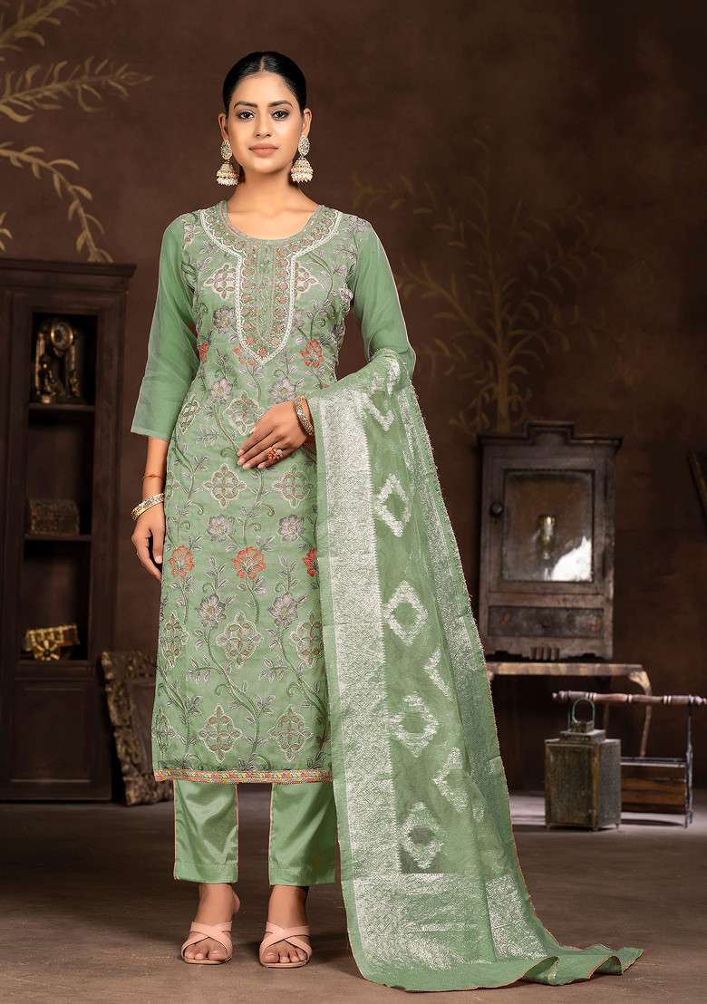Pista Green Embroidered Organza Kurta Set - Indya