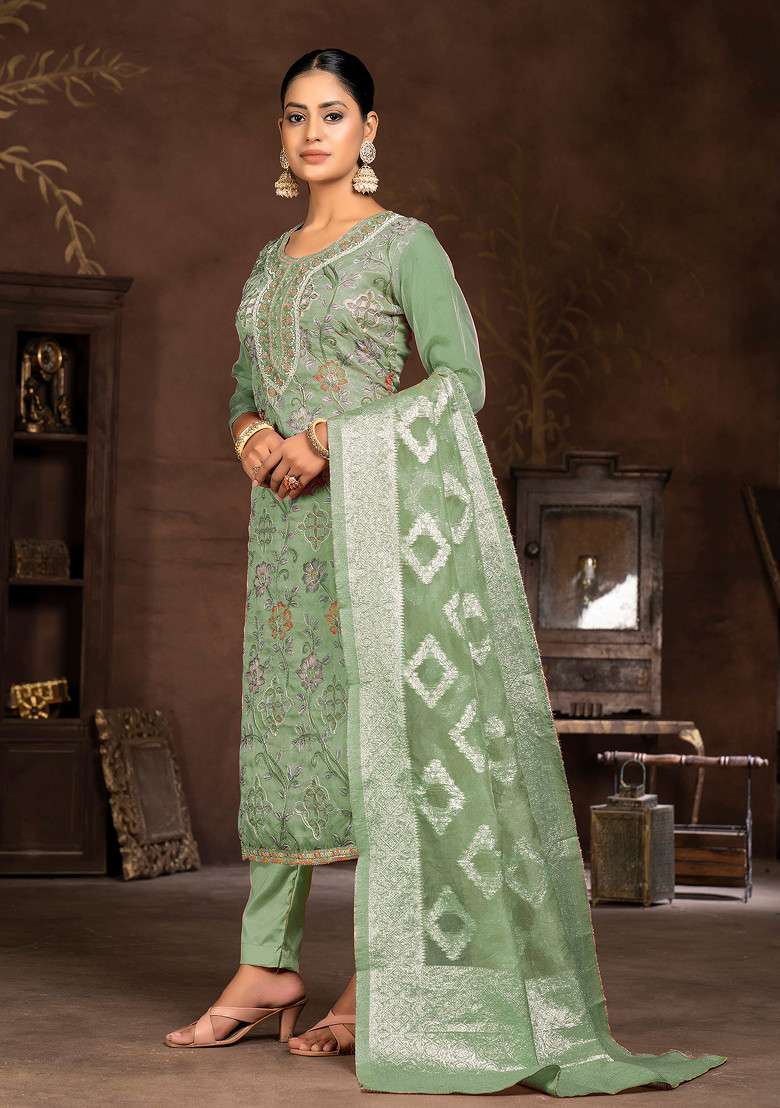 Pista Green Embroidered Organza Kurta Set - Indya