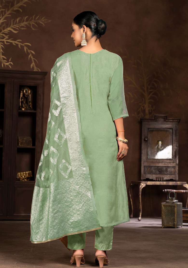 Pista Green Embroidered Organza Kurta Set - Indya