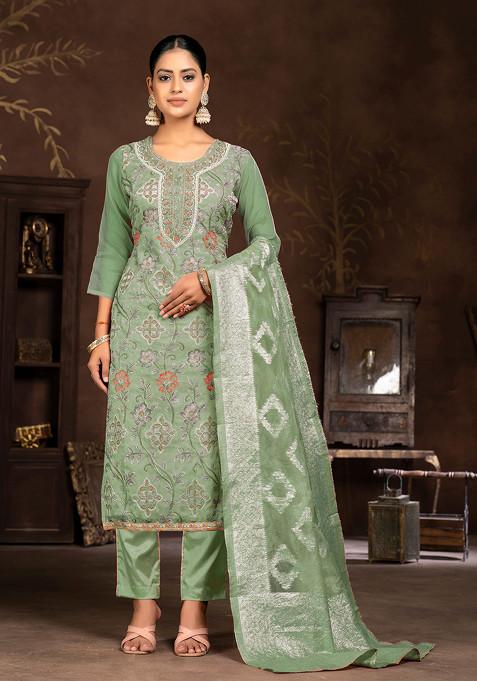 Pista Green Embroidered Organza Kurta Set