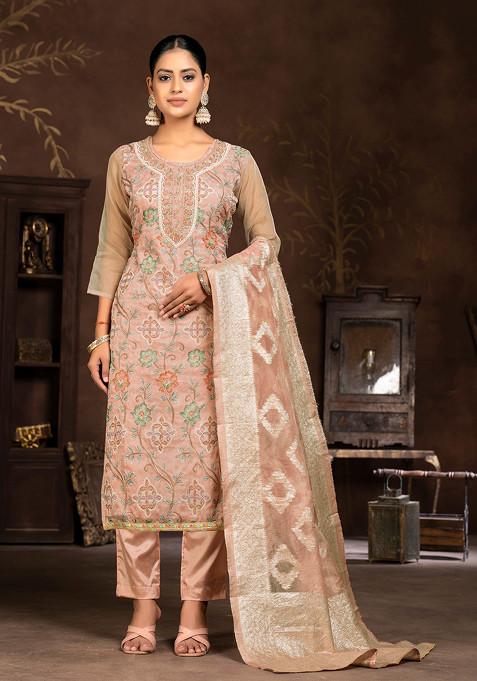 Peach Embroidered Organza Kurta Set