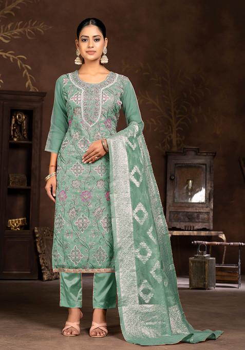 Green Embroidered Organza Kurta Set