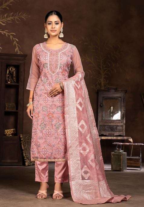 Pink Embroidered Organza Kurta Set