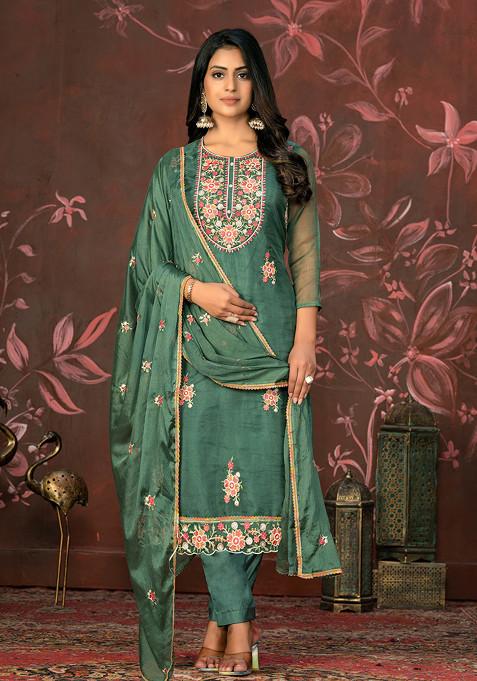 Green Embroidered Organza Kurta Set