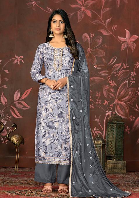 Grey Hand Embroidered Jam Cotton Kurta Set