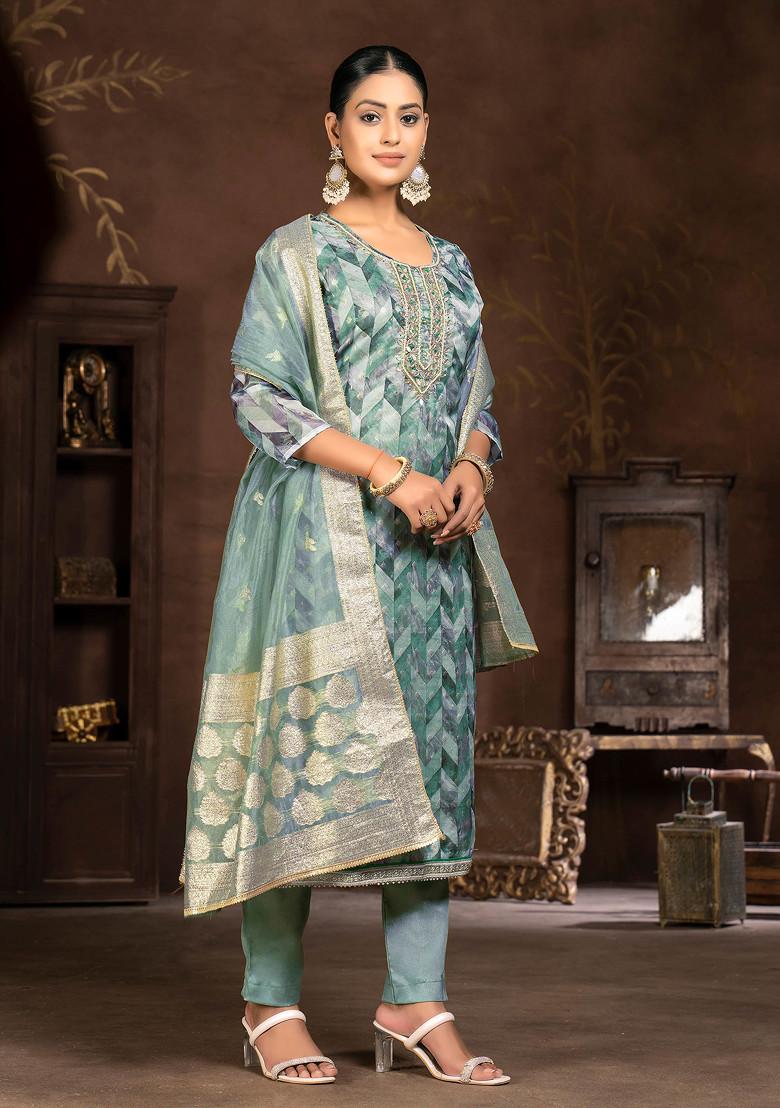 Blue Hand Embroidered Organza Kurta Set - Indya