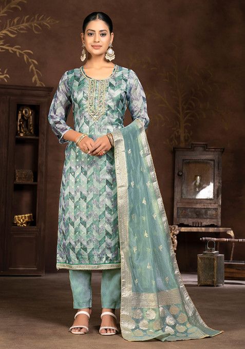 Blue Hand Embroidered Organza Kurta Set