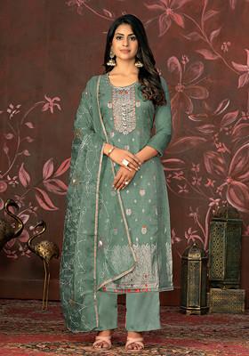 Green Hand Embroidered Organza Kurta Set
