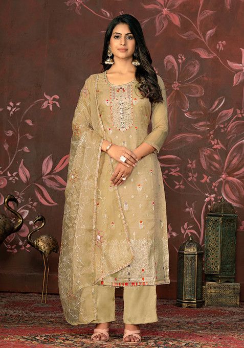 Beige Hand Embroidered Organza Kurta Set