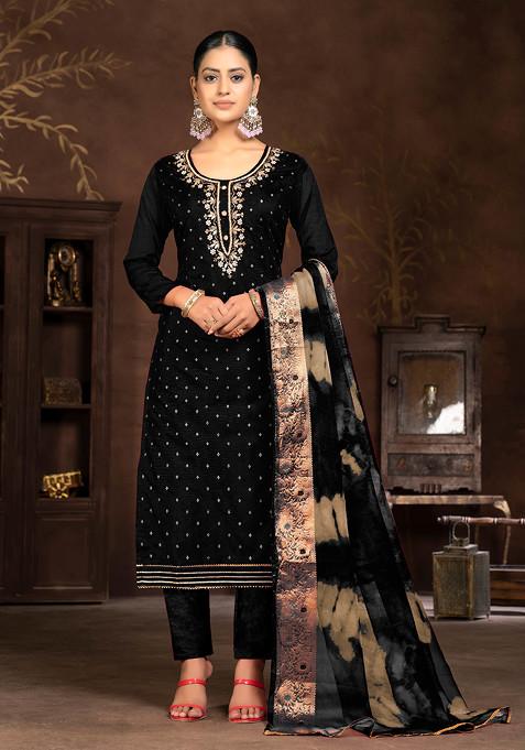 Black Hand Embroidered Modal Butti Kurta Set