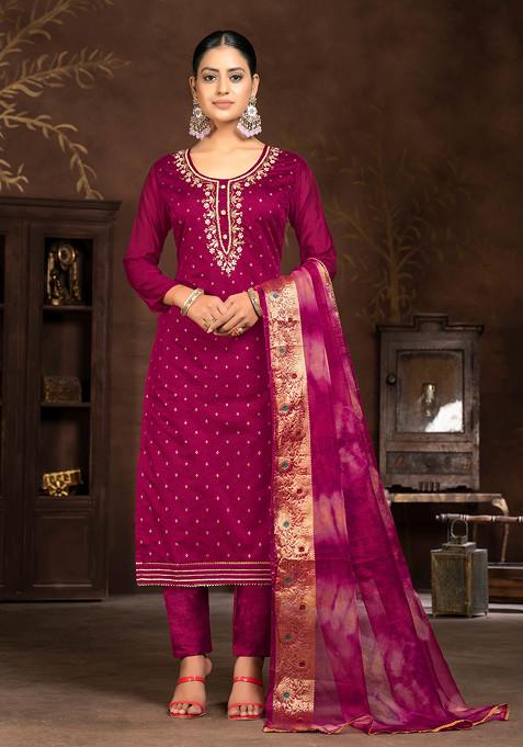 Burgundy Hand Embroidered Modal Butti Kurta Set