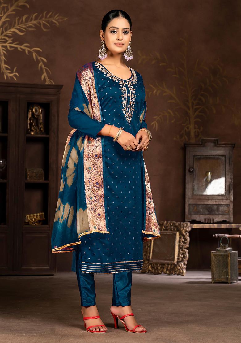 Blue Hand Embroidered Modal Butti Kurta Set - Indya