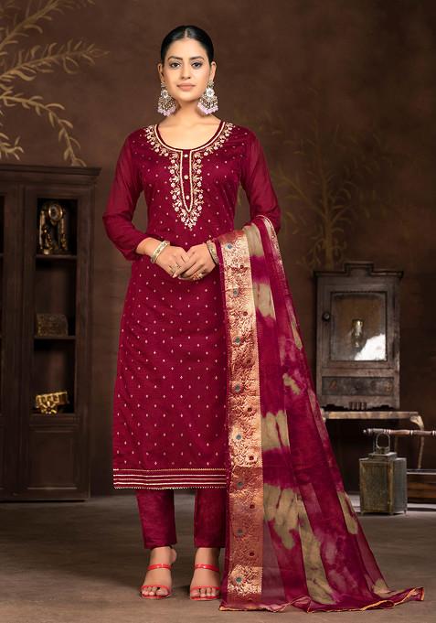 Maroon Hand Embroidered Modal Butti Kurta Set