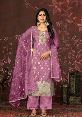 Purple Hand Embroidered Organza Kurta Set