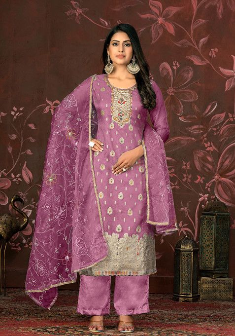 Purple Hand Embroidered Organza Kurta Set