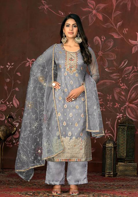 Grey Hand Embroidered Organza Kurta Set