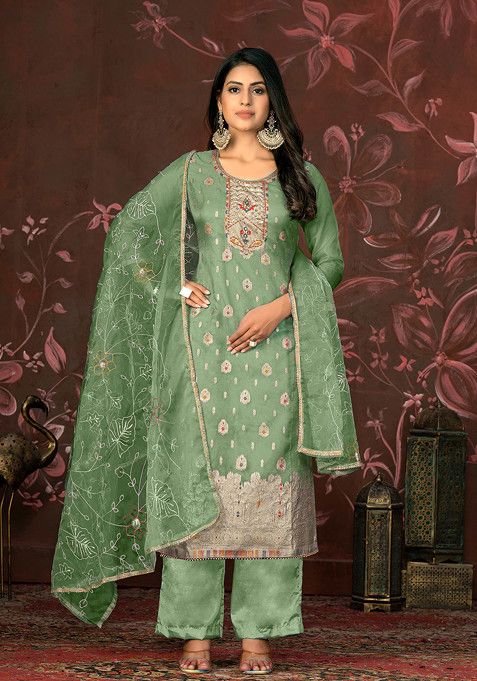 Green Hand Embroidered Organza Kurta Set