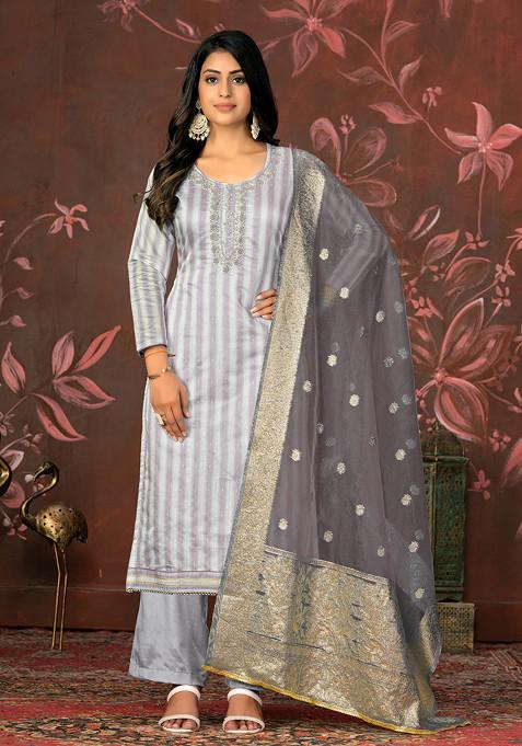 Grey Hand Embroidered Cotton Kurta Set