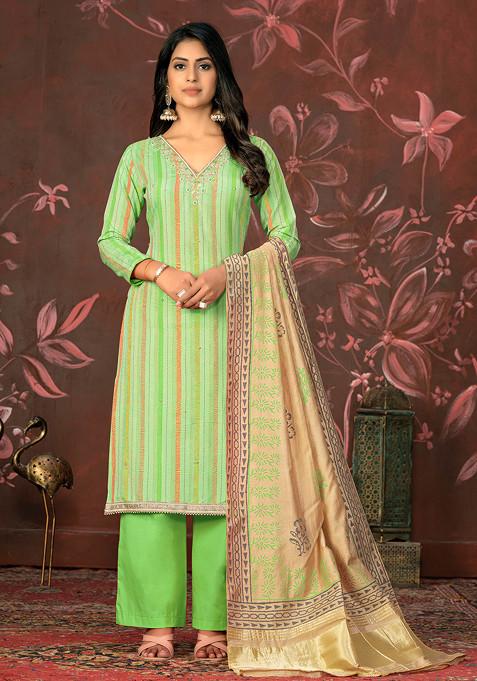 Green Hand Embroidered Cambric Cotton Kurta Set