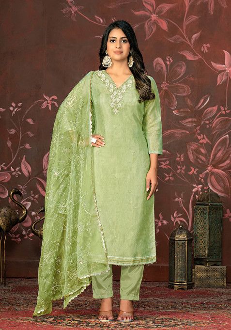 Green Hand Embroidered Summer Cotton Kurta Set