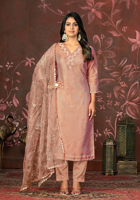 Peach Hand Embroidered Summer Cotton Kurta Set