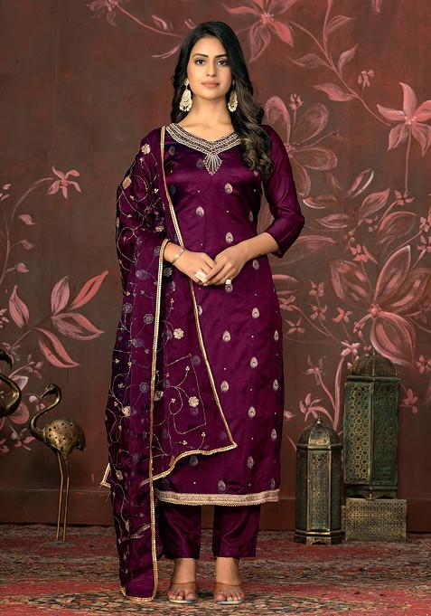 Maroon Hand Embroidered Organza Kurta Set