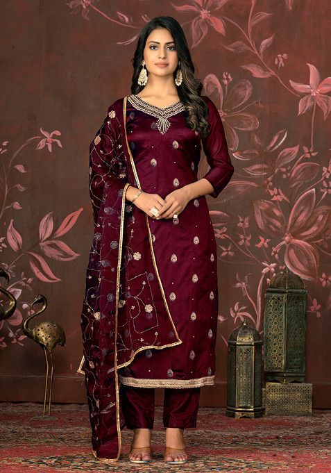 Wine Hand Embroidered Organza Kurta Set