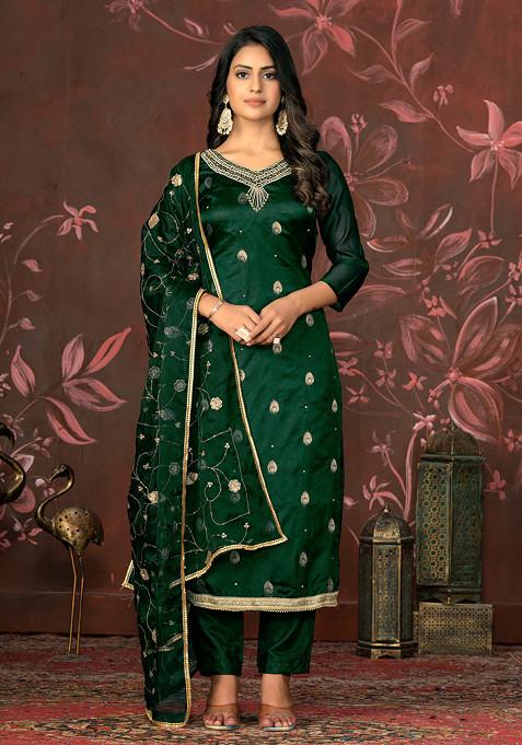 Green Hand Embroidered Organza Kurta Set