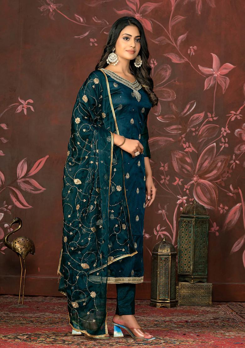 Blue Hand Embroidered Organza Kurta Set - Indya
