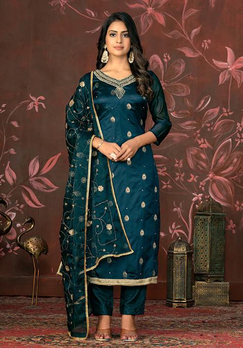 Blue Hand Embroidered Organza Kurta Set