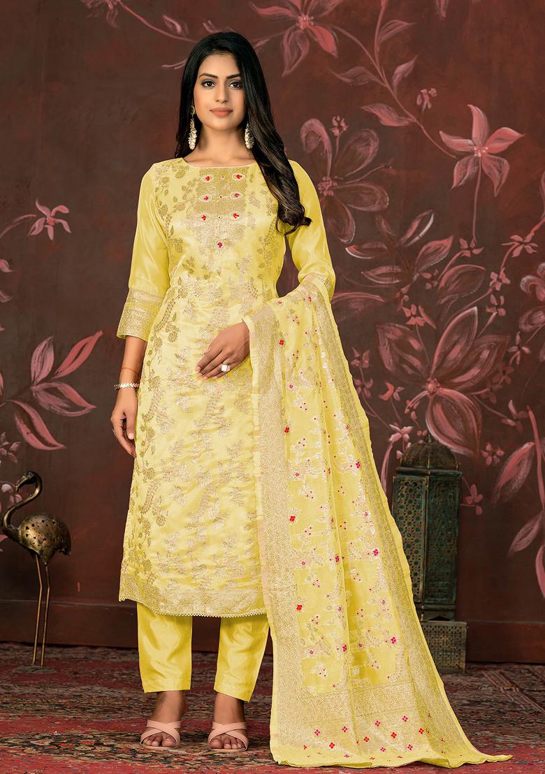 Yellow Hand Embroidered Banarasi Kurta Set