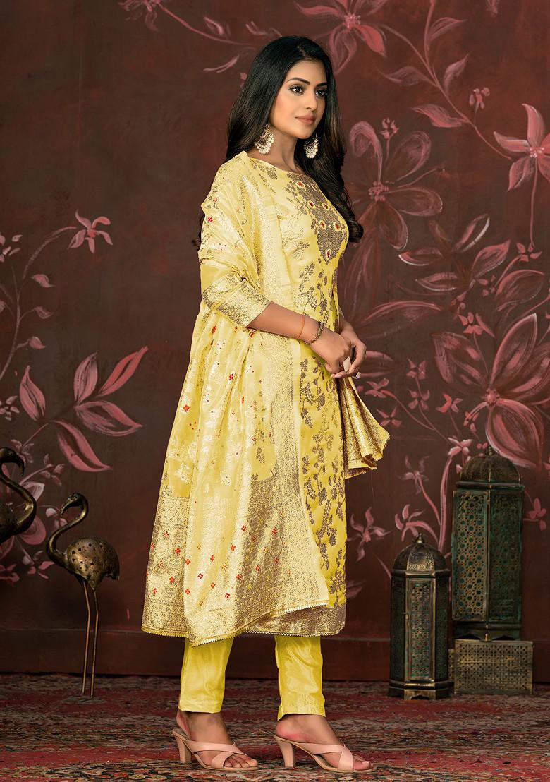Yellow Hand Embroidered Banarasi Kurta Set