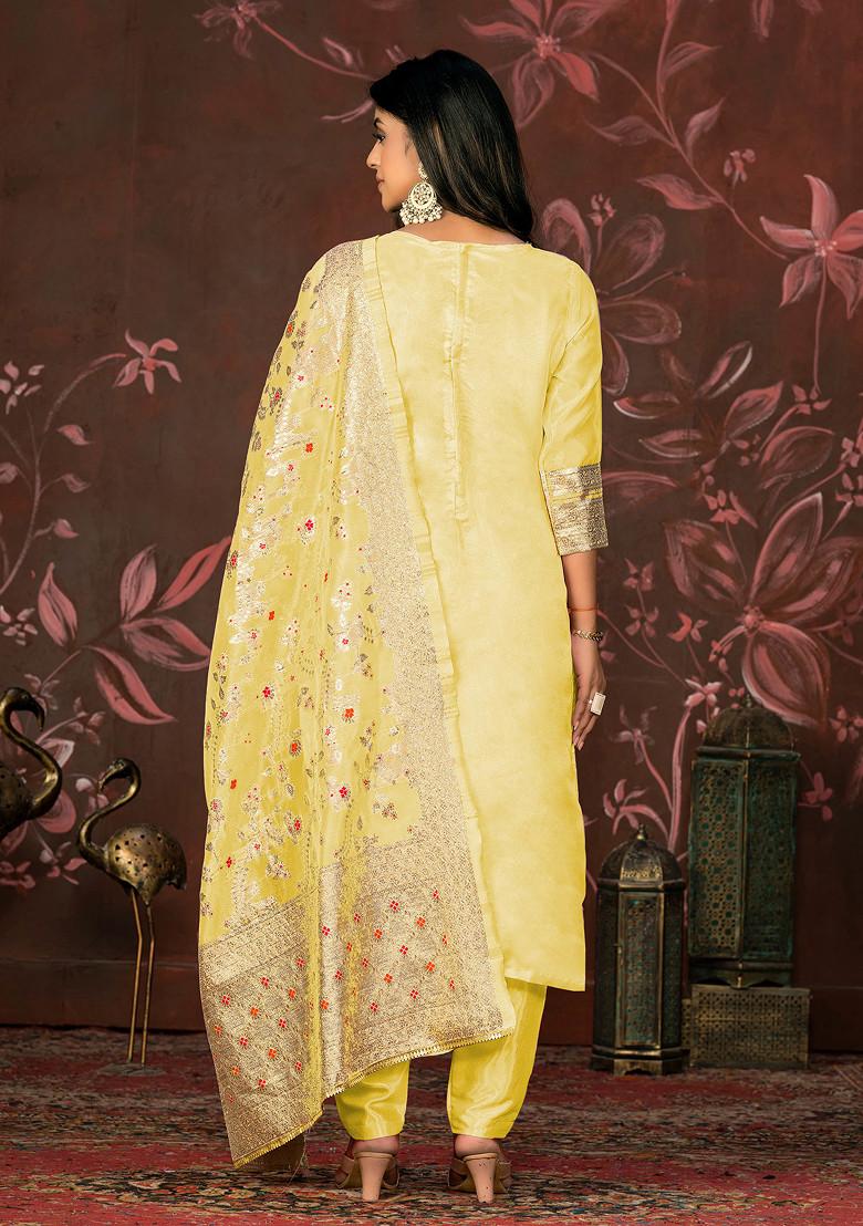 Yellow Hand Embroidered Banarasi Kurta Set