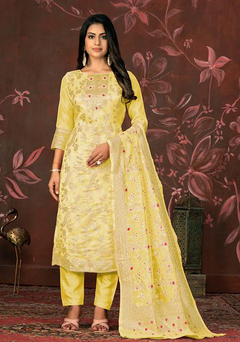 Yellow Hand Embroidered Banarasi Kurta Set