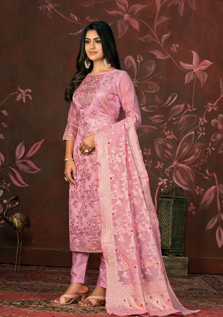 Pink Hand Embroidered Banarasi Kurta Set