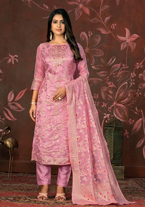 Pink Hand Embroidered Banarasi Kurta Set