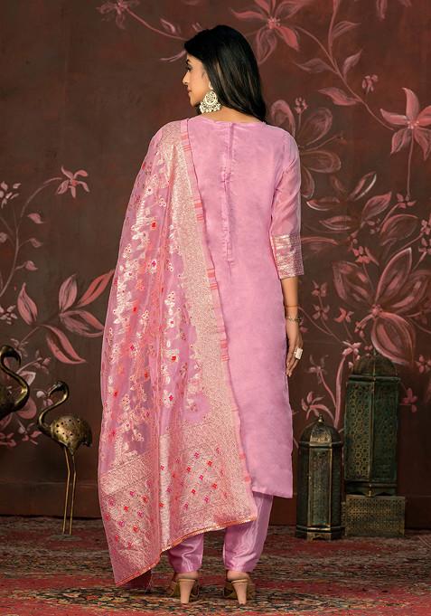 Pink Hand Embroidered Banarasi Kurta Set